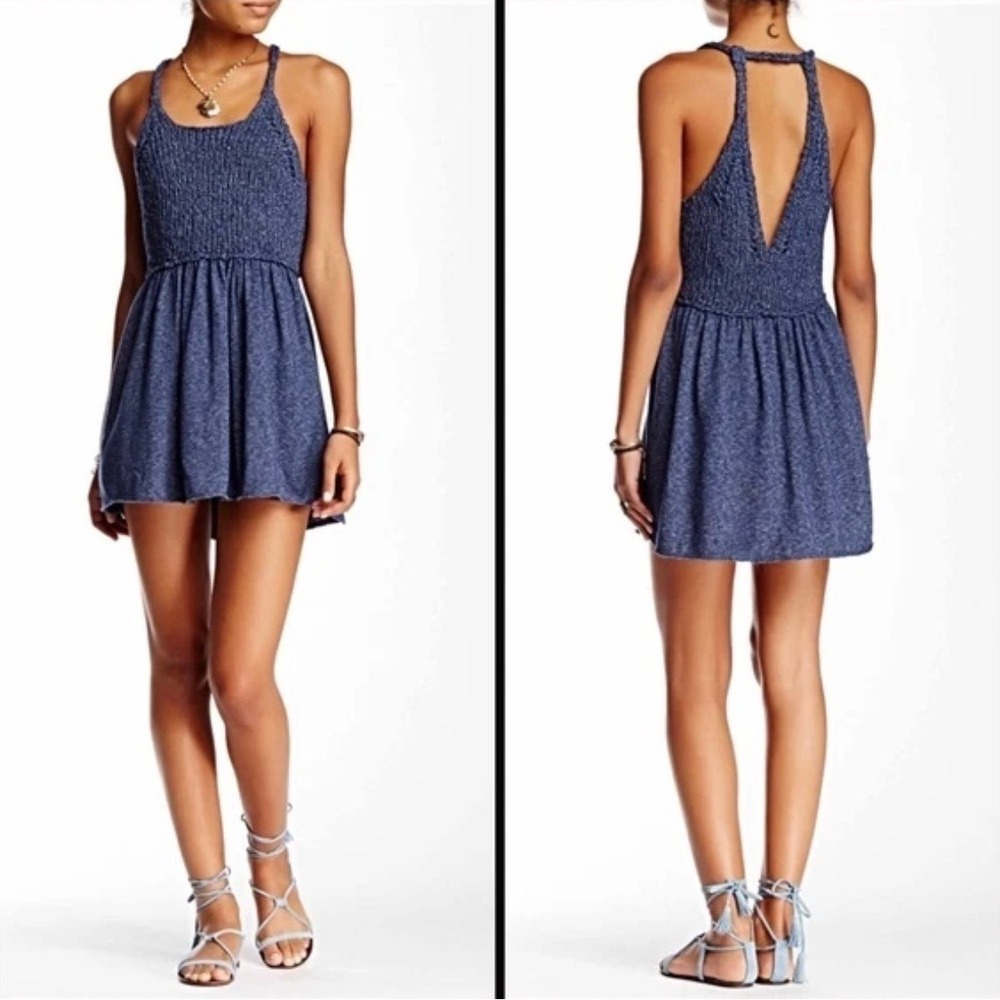Free People Mountain View Crochet Knit Babydoll Sweater Tank Tunic Dress Navy L